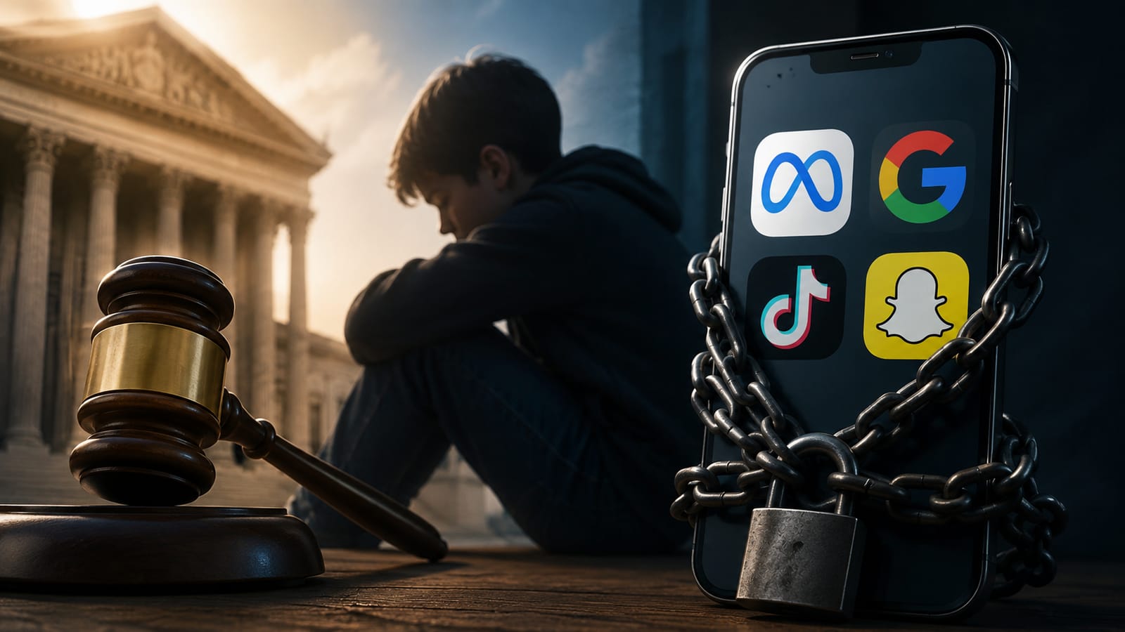 Gavel, chained phone with social media logos, and sad child outside courthouse, US tech law.