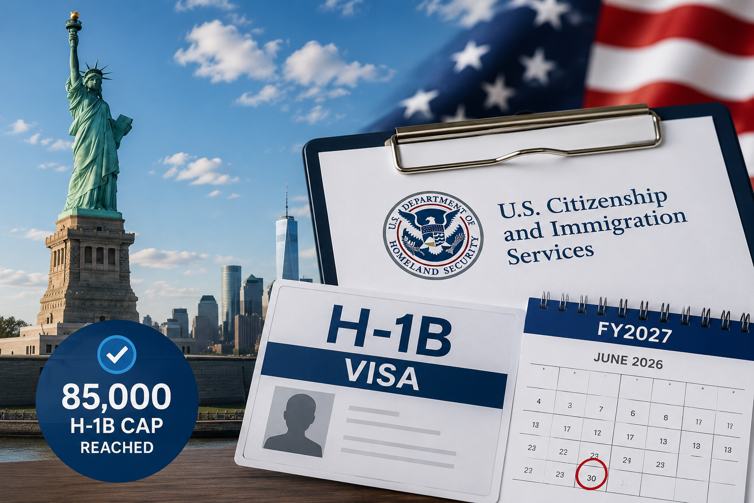USCIS H-1B visa cap reached for FY2027, 85,000 limit met.