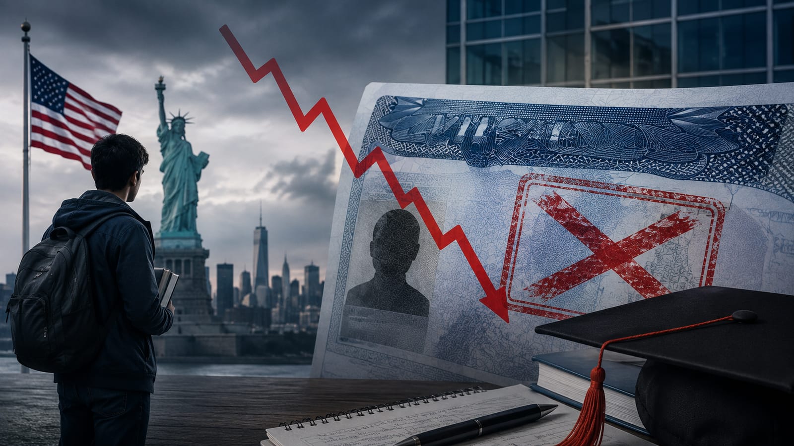 US F-1 visa approval decline for Indian students, with Statue of Liberty backdrop.