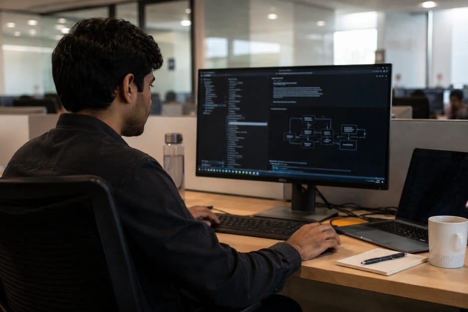 Indian engineer coding on computer, H-1B visa holder