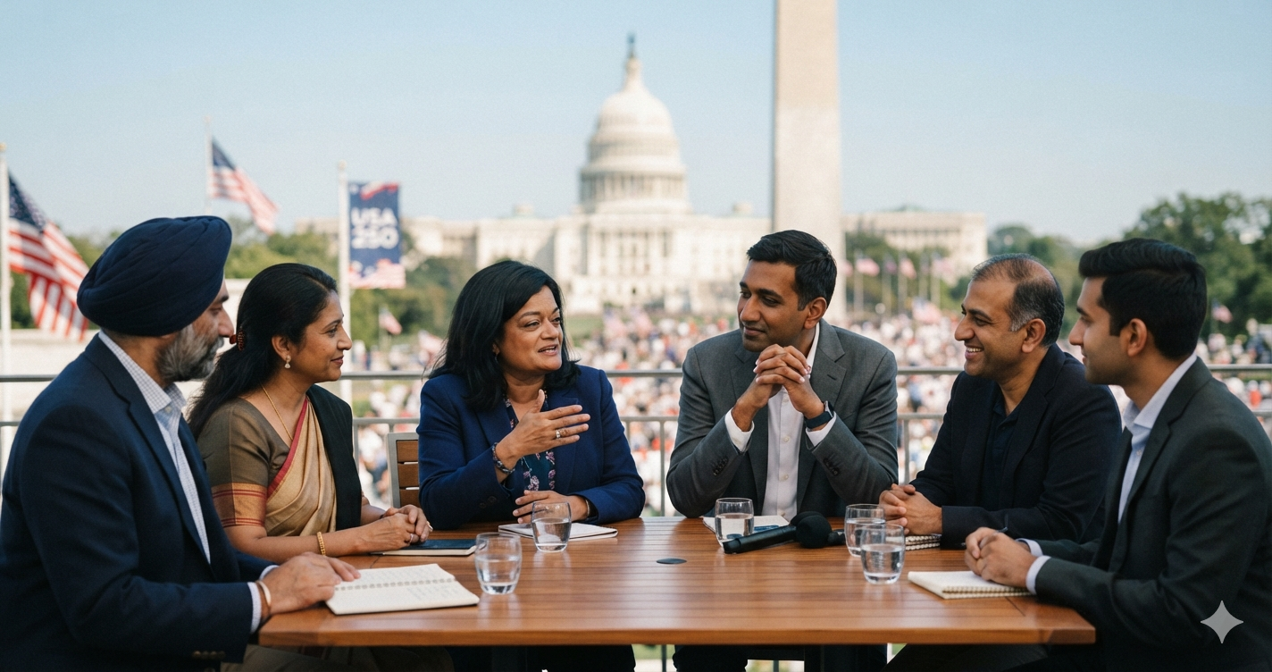 Indian-American leaders discuss US politics with the Capitol building in the background.