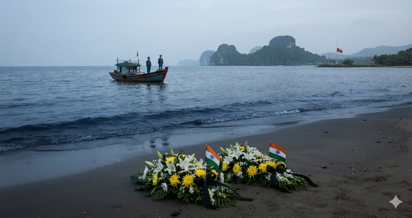 Wreaths with Indian flags on a beach, honoring Indian tourists killed in Vietnam.