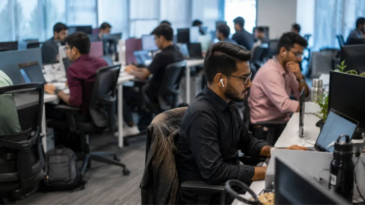 Indian tech workers in an office, facing job market challenges.