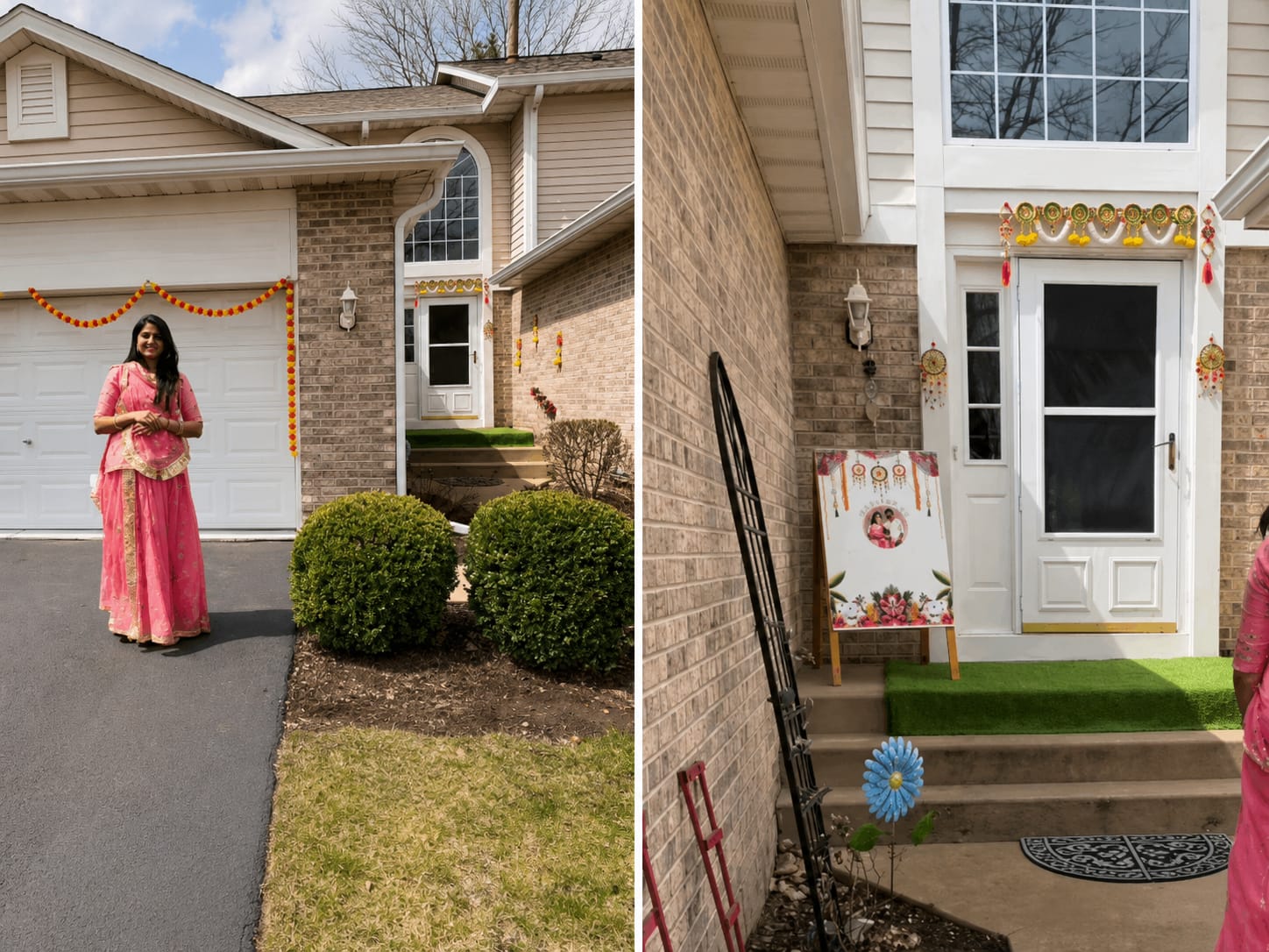 Indian woman in traditional attire near a house decorated for a housewarming, HOA politics context.