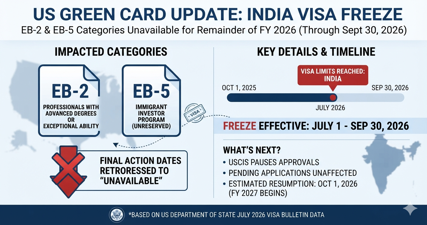 US green card update: India visa freeze for EB-2 and EB-5 categories.