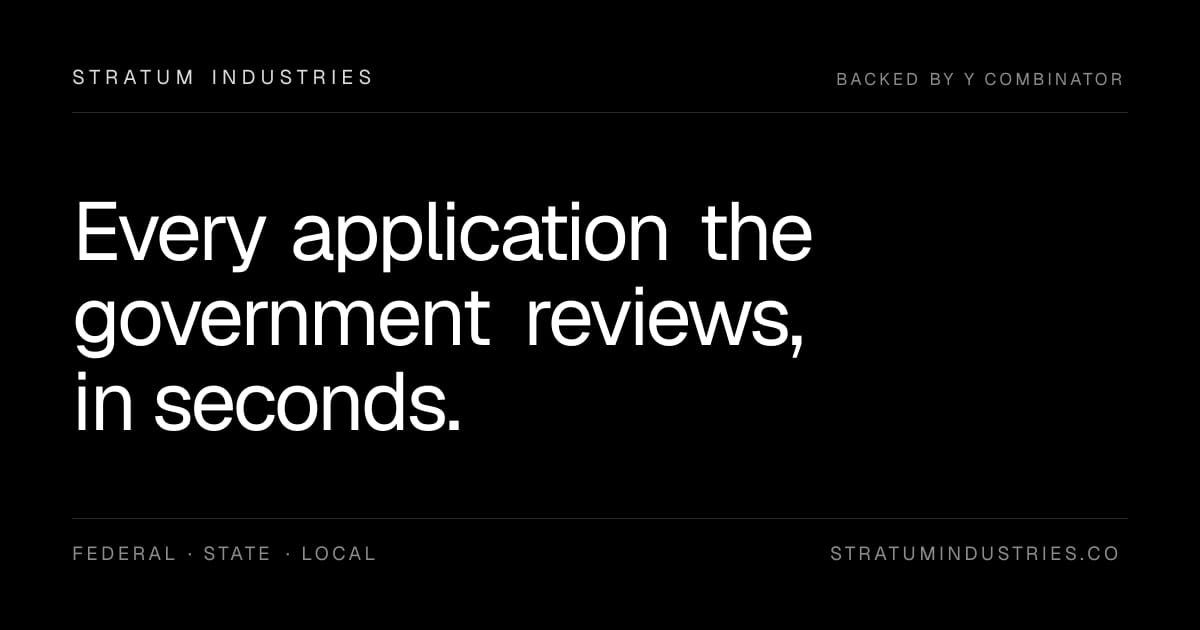 Stratum Industries logo and tagline: "Every application the government reviews, in seconds.