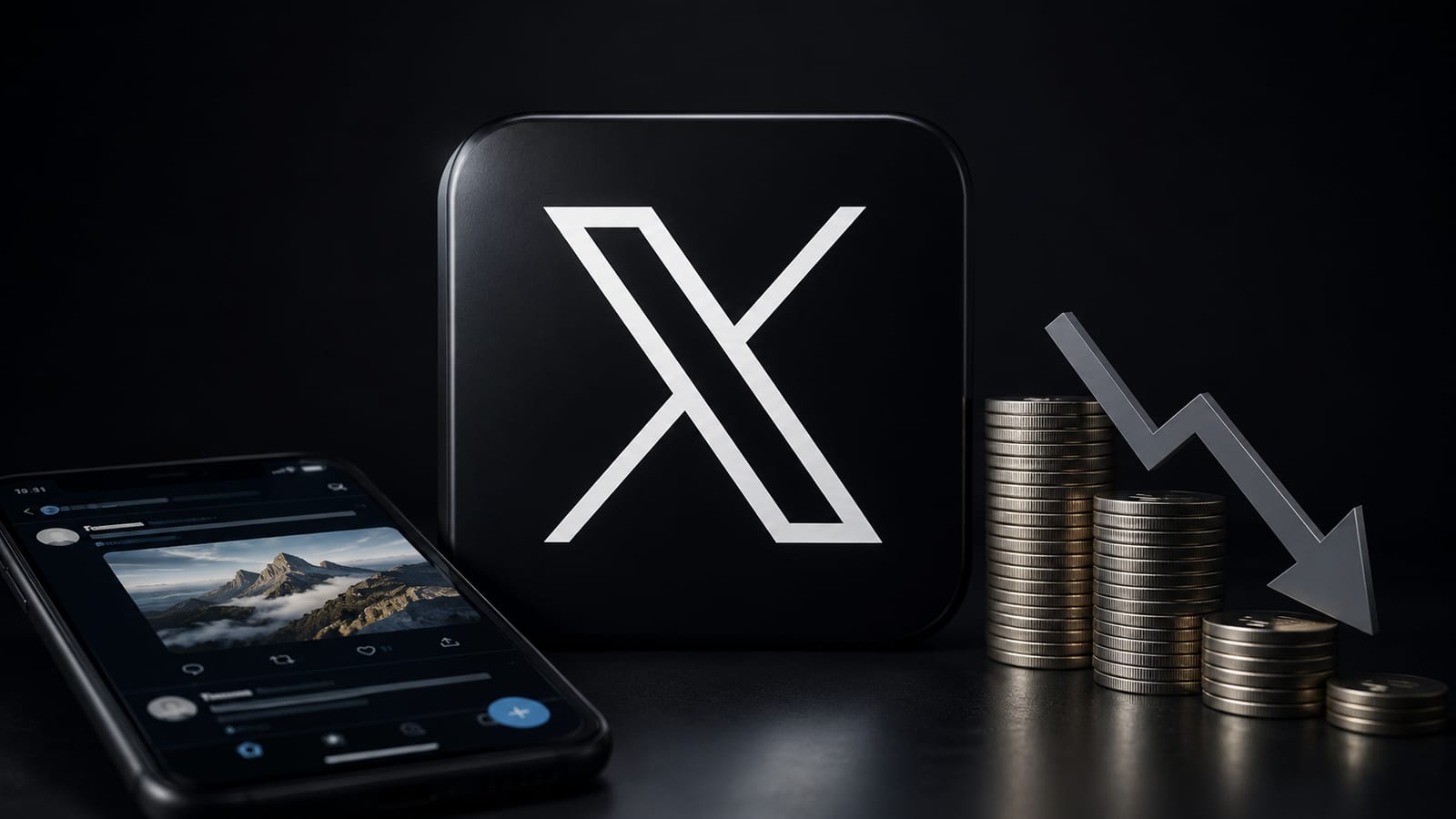 X logo, coins, and phone screen showing a downward trend, indicating news of revenue share changes.