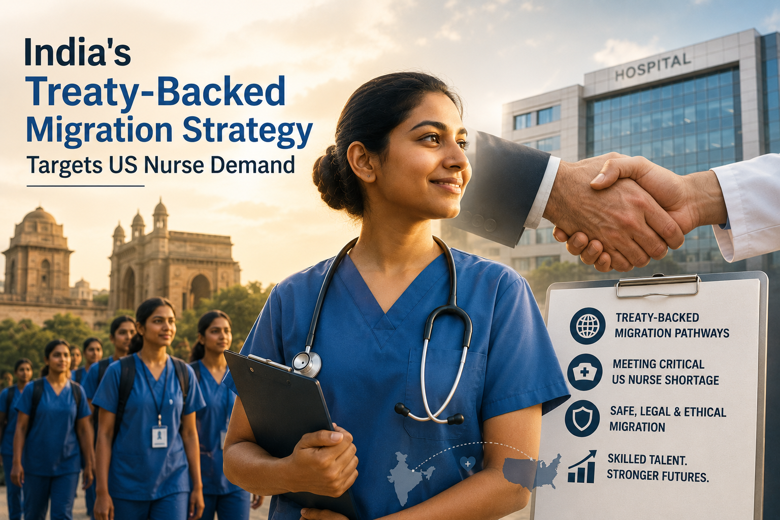 Indian nurses in blue scrubs, with a hospital and handshake in background, treaty-backed migration.