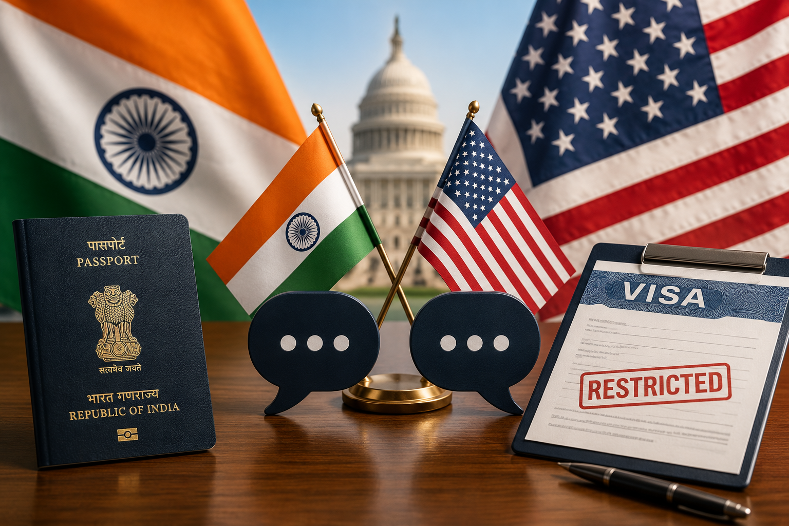 India & US flags, passport, and restricted visa document on desk