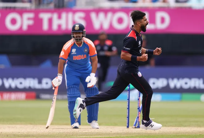 USA bowler celebrates wicket vs India in T20 World Cup cricket match