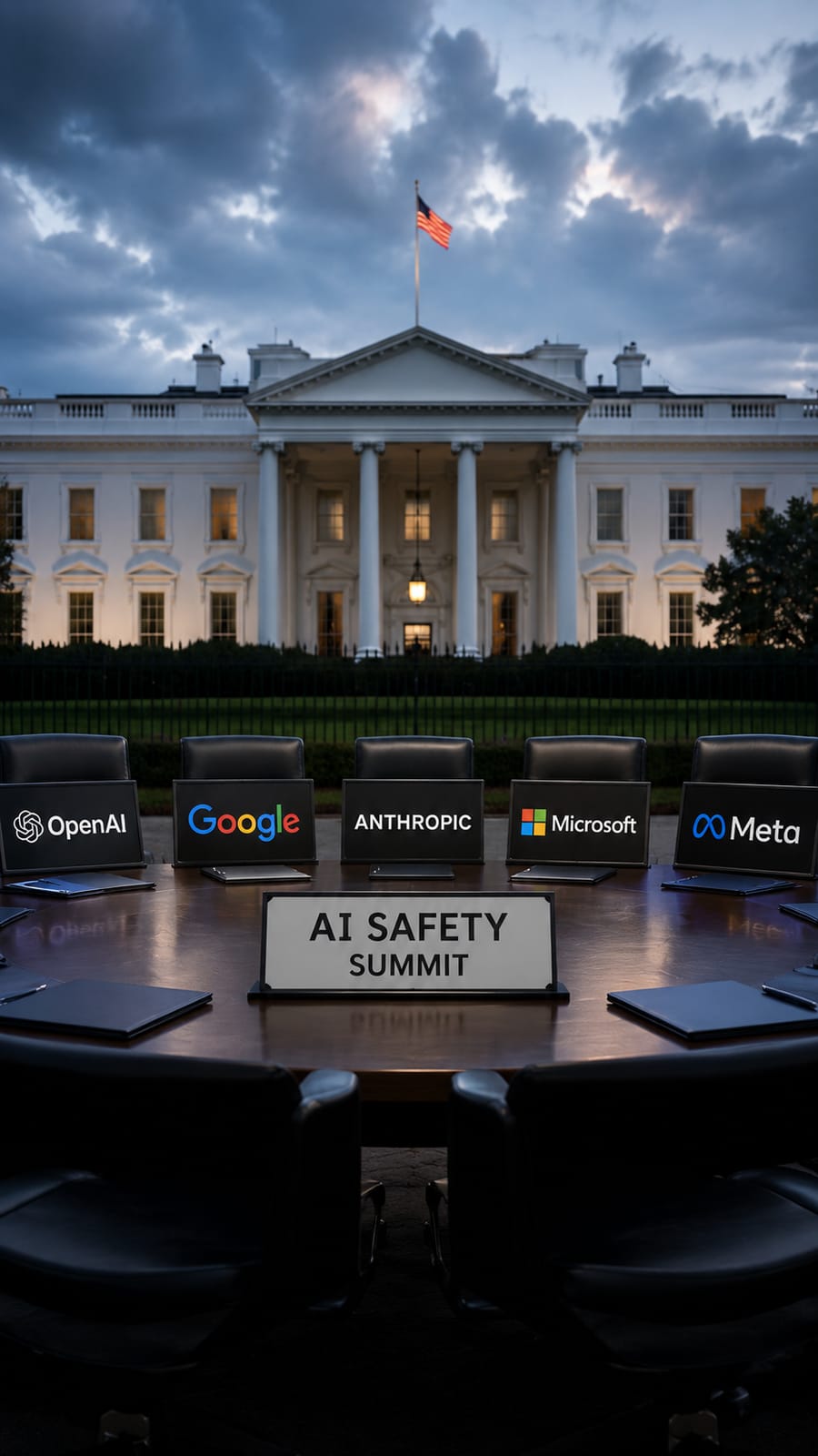 AI Safety Summit at White House: OpenAI, Google, Anthropic, Microsoft, Meta chairs