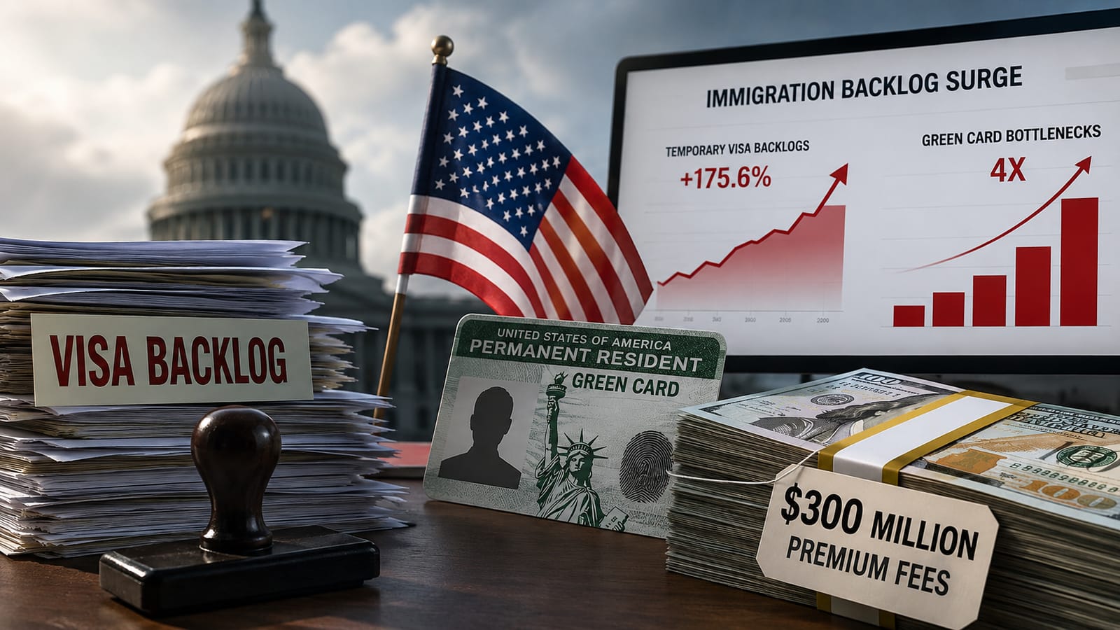 US visa backlog surge: Green card, money, Capitol, and charts show immigration challenges.