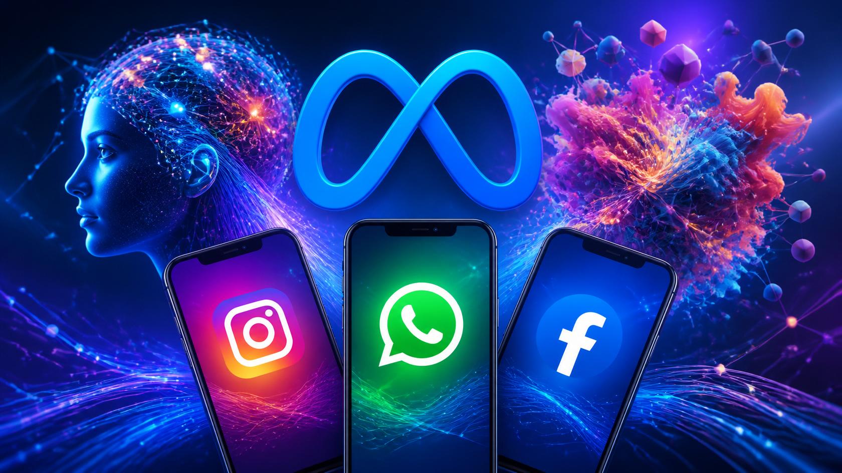 Meta logo with Instagram, WhatsApp, and Facebook app icons on smartphones, representing tech innovation.