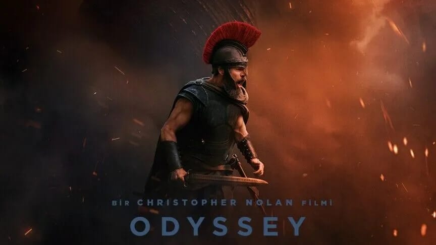 Christopher Nolan's Odyssey movie poster featuring a Spartan warrior