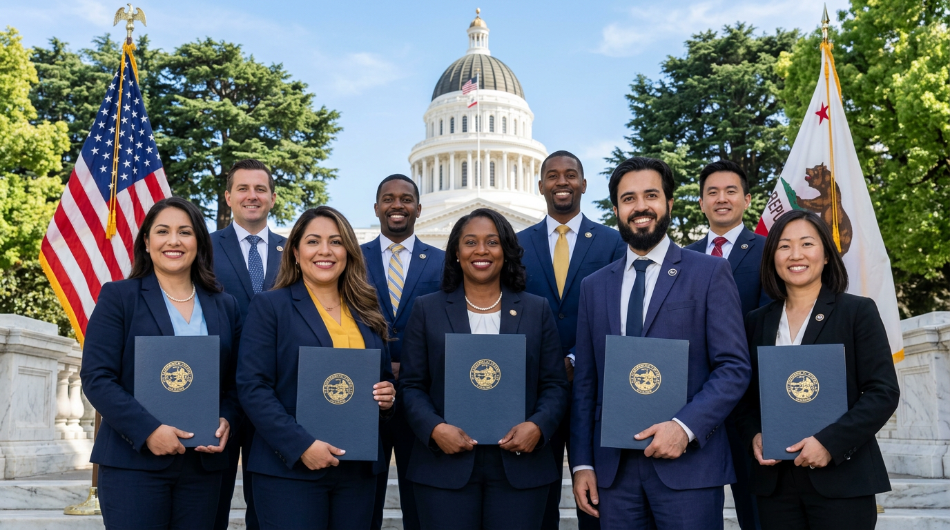 California officials with US and California flags and state capitol building