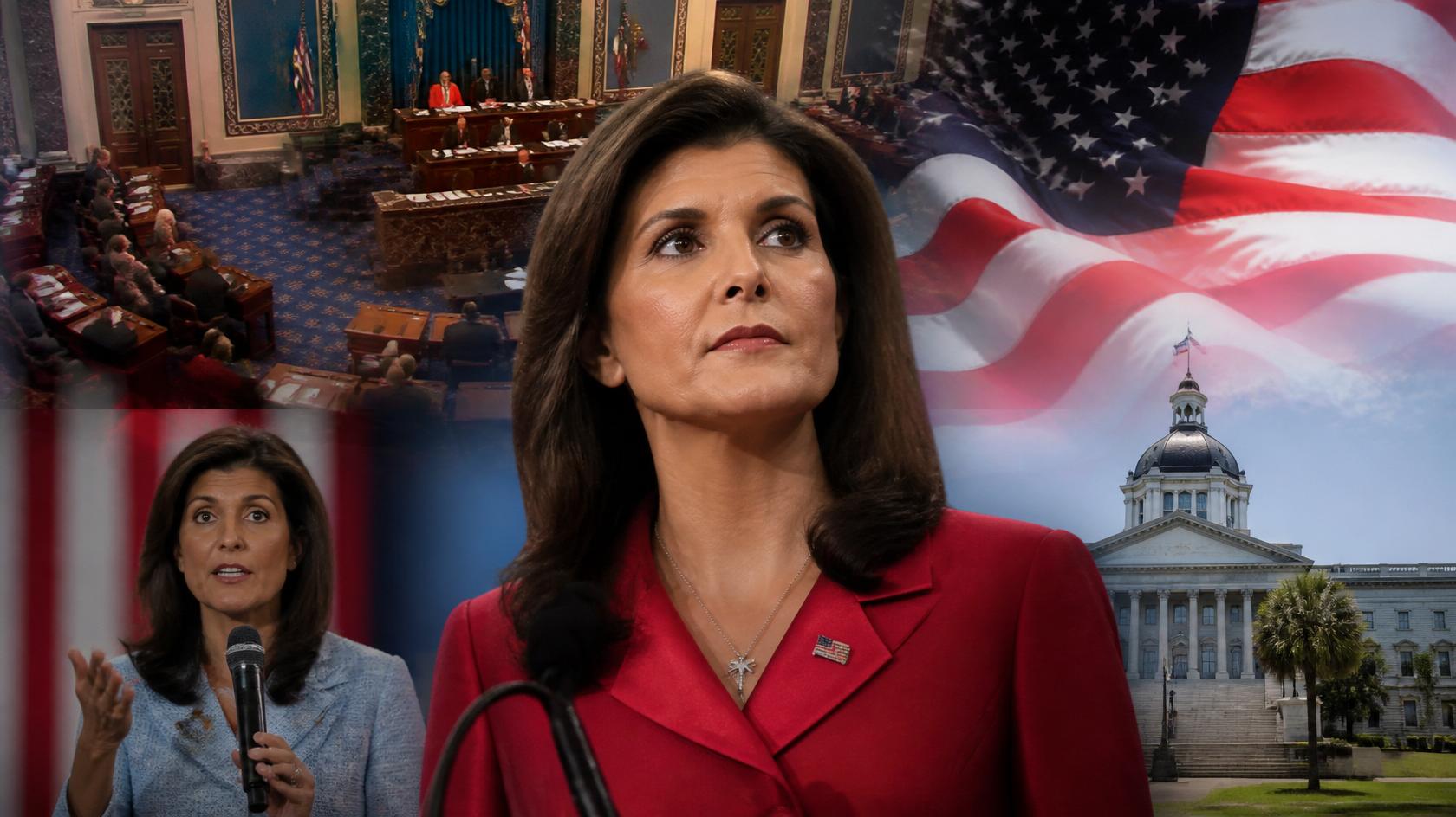 Nikki Haley in politics: US Senate run declined, with US flag and government buildings.