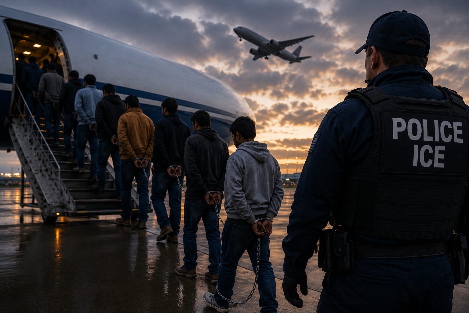 ICE officer escorts Indian immigrants in handcuffs from plane, visa and immigration context.