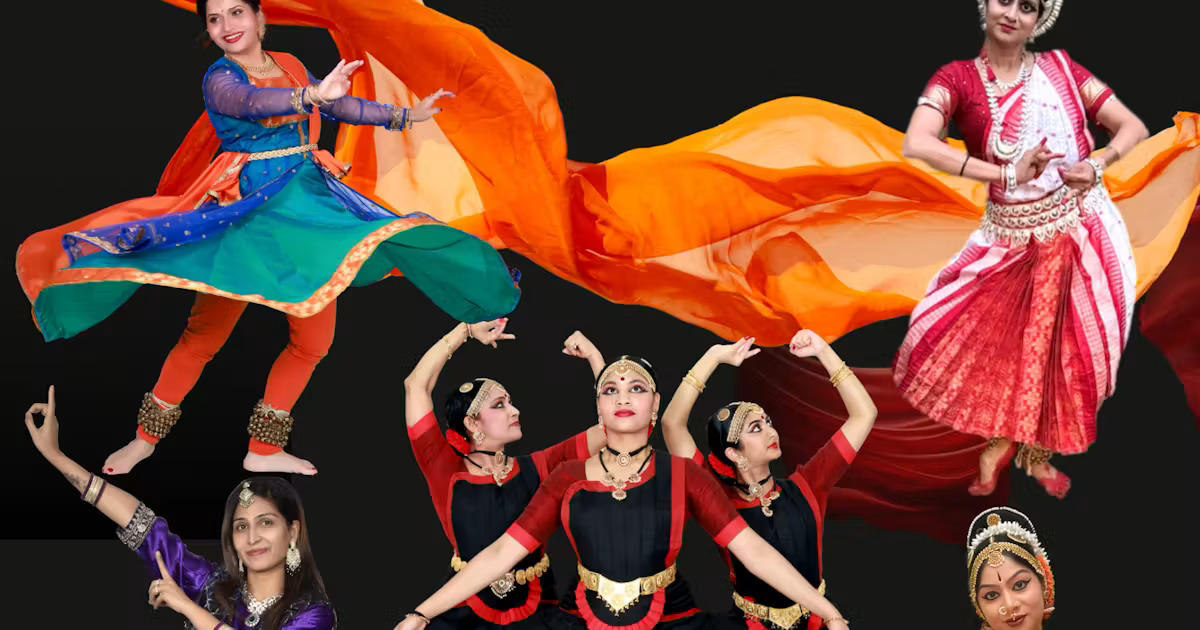 Indian dancers in colorful costumes perform, celebrating culture and politics.