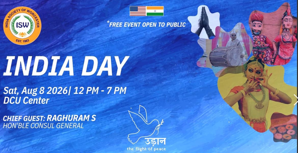 ISW India Day 2026 event poster: "India Day" Sat, Aug 8, 12 PM - 7 PM, DCU Center. Chief Guest: Hon'ble Consul General Raghuram S.