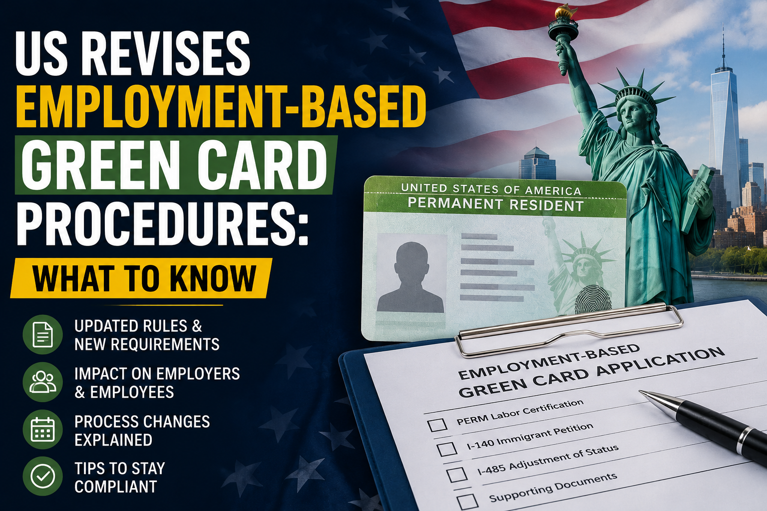 US employment-based green card application form with Statue of Liberty and US flag.