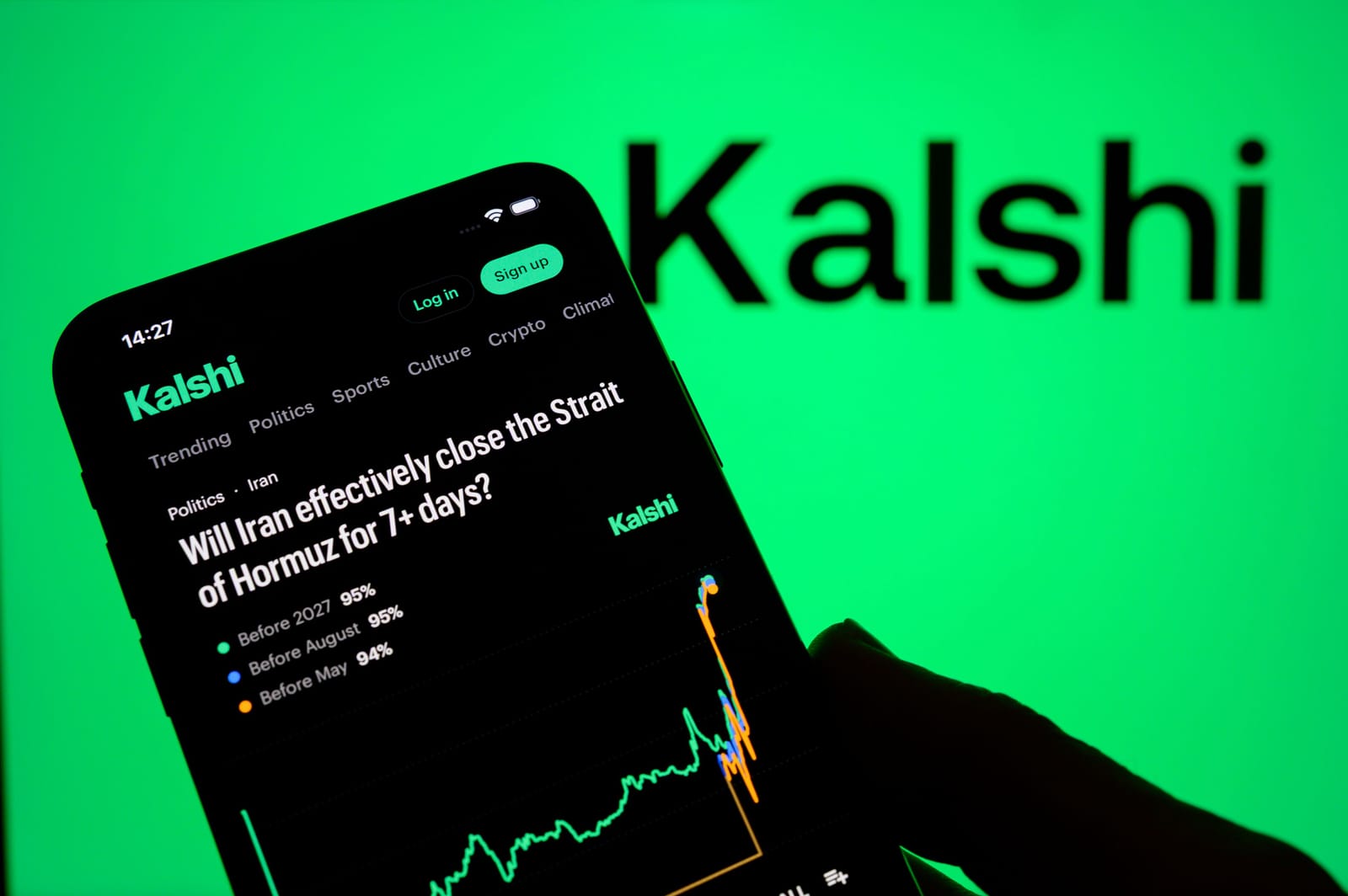 Kalshi trading app on phone screen, showing "Will Iran effectively close the Strait of Hormuz for 7+ days?