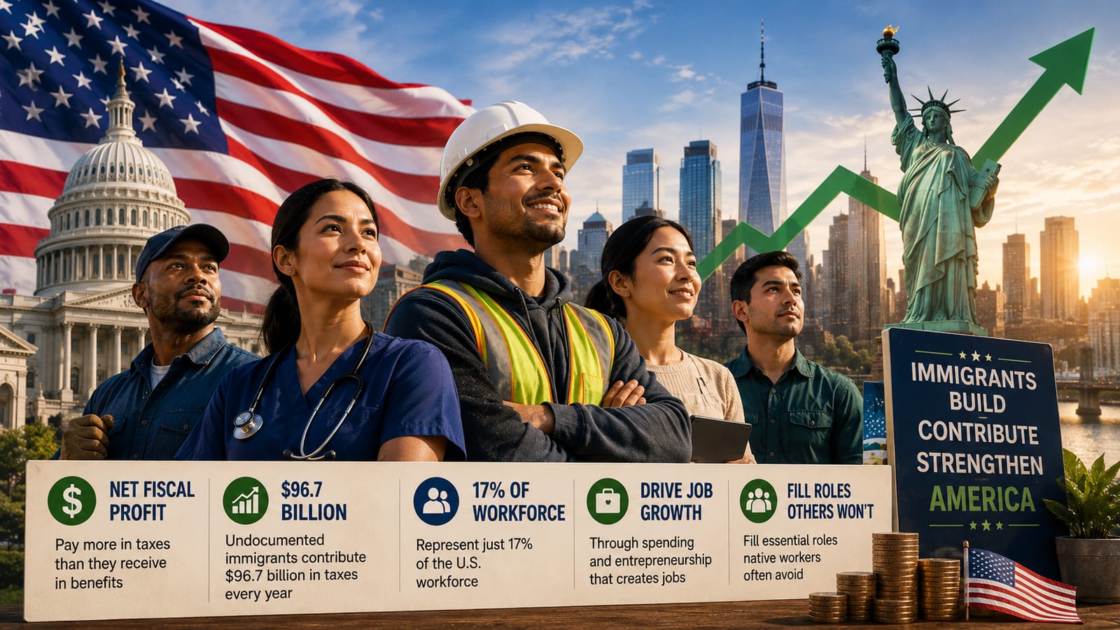 Diverse workers in front of US landmarks, with text highlighting immigrant economic contributions.