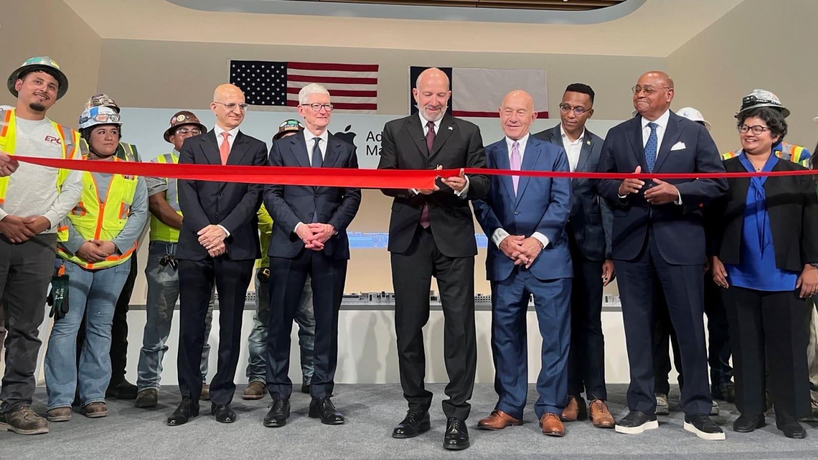 Tim Cook and others cut ribbon at Apple Houston manufacturing hub.