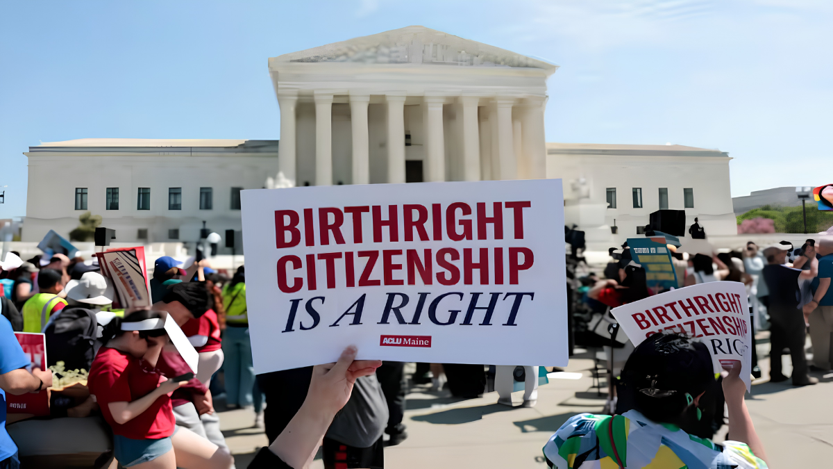 Protestors hold "Birthright Citizenship is a Right" sign at Supreme Court, relevant to visa and immigration.