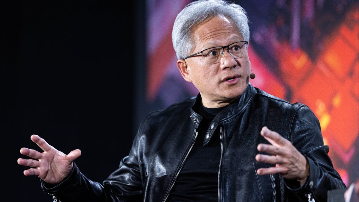 Nvidia CEO Jensen Huang speaking at a tech conference.