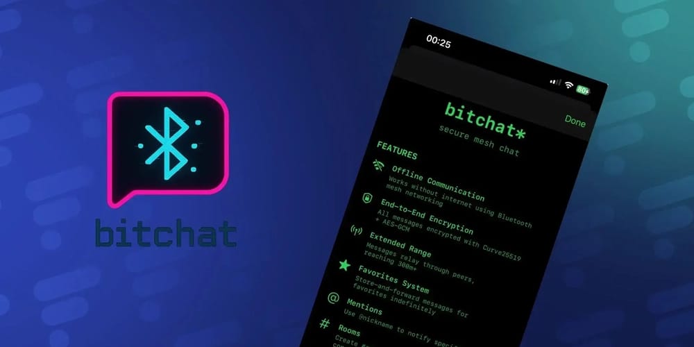 Bitchat app logo and features screen, relevant to Indian politics and GitHub takedown requests.