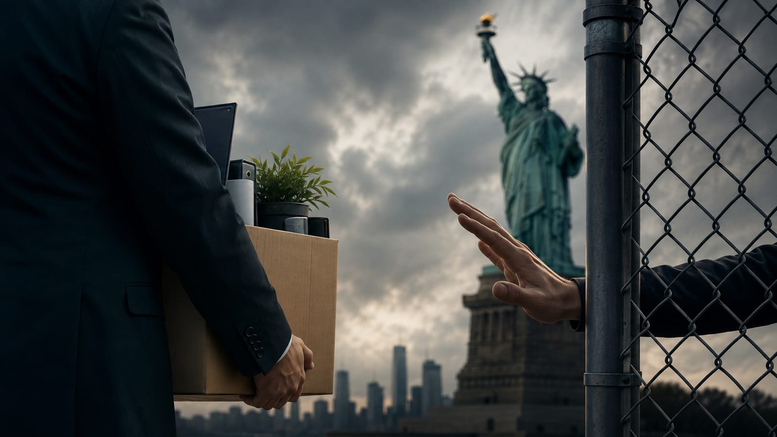 Man with box of belongings stopped at fence near Statue of Liberty, H-1B visa changes
