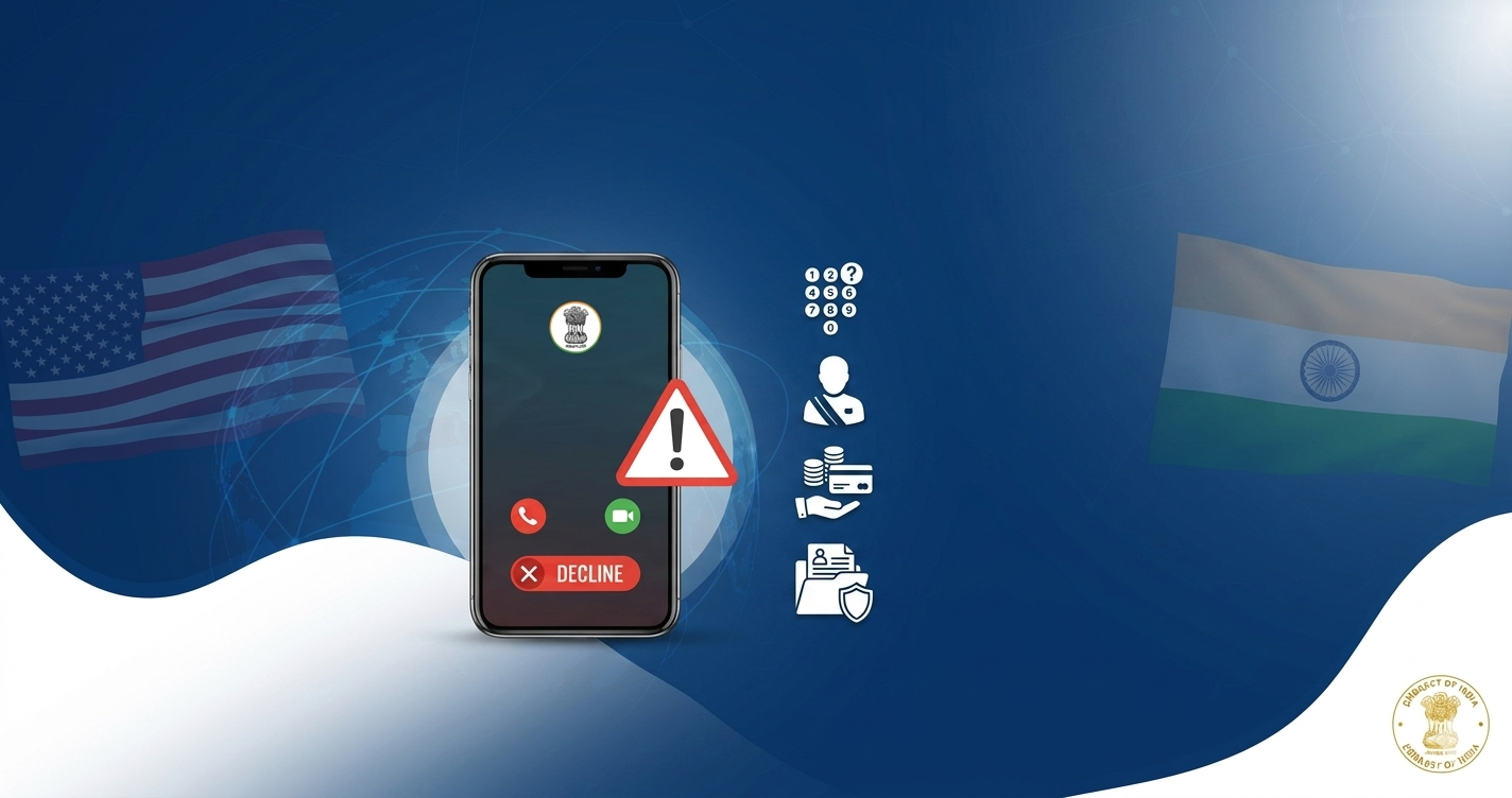US-India flags, phone with scam alert, diplomat impersonation