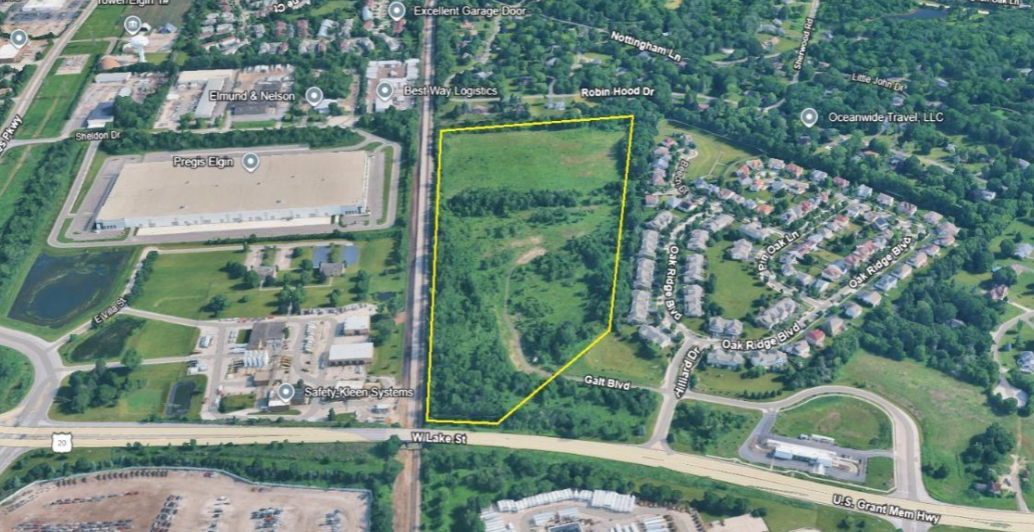 Elgin land parcel for proposed Hindu temple and townhouses, showing surrounding residential and industrial areas.