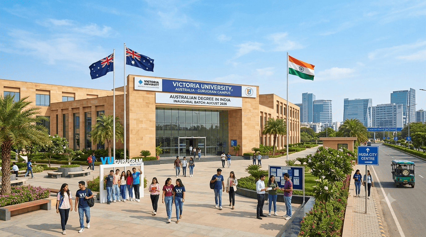 Victoria University Australia Gurugram campus with Australian and Indian flags.