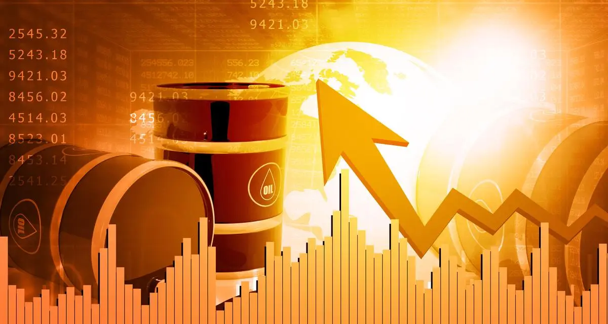 Brent crude oil prices surge due to US-Iran politics, shown by rising chart.
