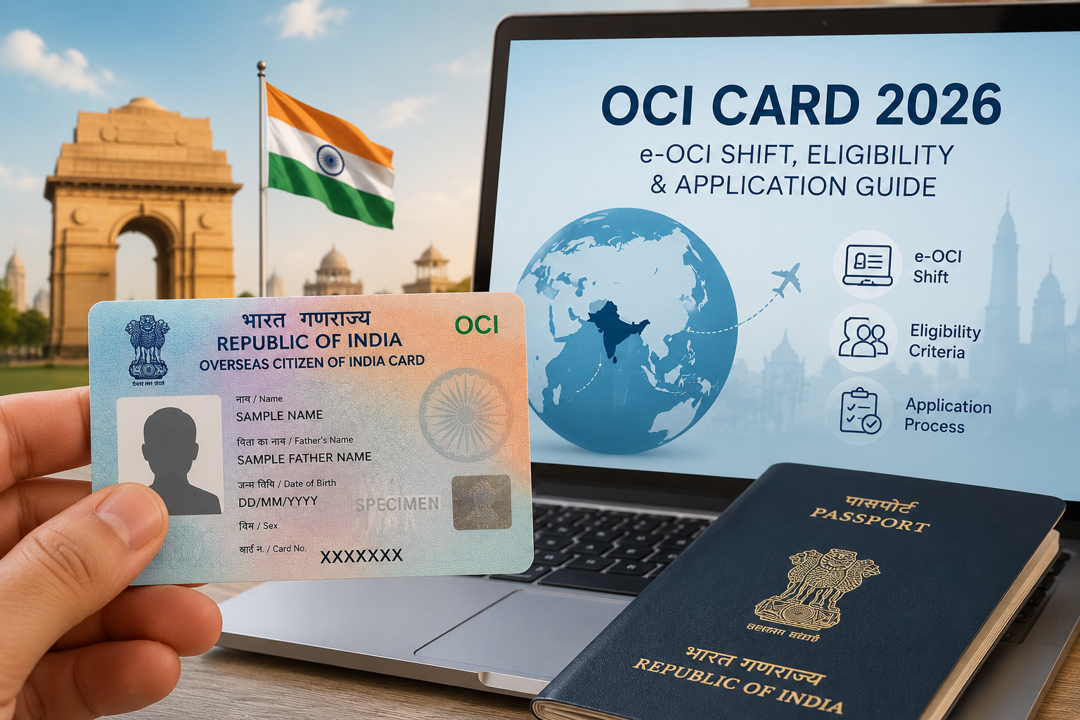 OCI Card 2026, Indian flag, passport, and laptop with e-OCI guide