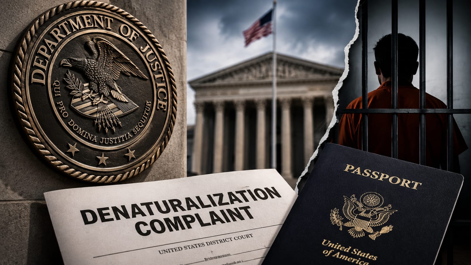 US DOJ denaturalization complaint, passport, and jailed man in citizenship fraud crackdown.