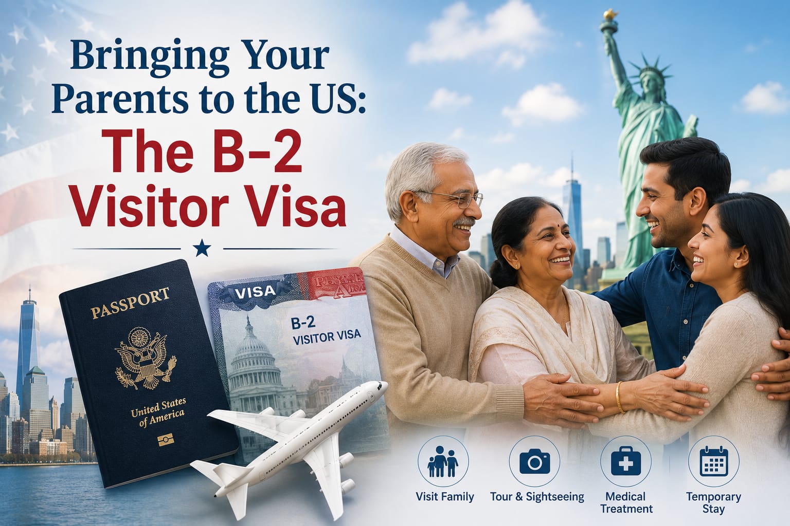 US B-2 visitor visa for parents, Statue of Liberty, airplane, passport, NRI guide
