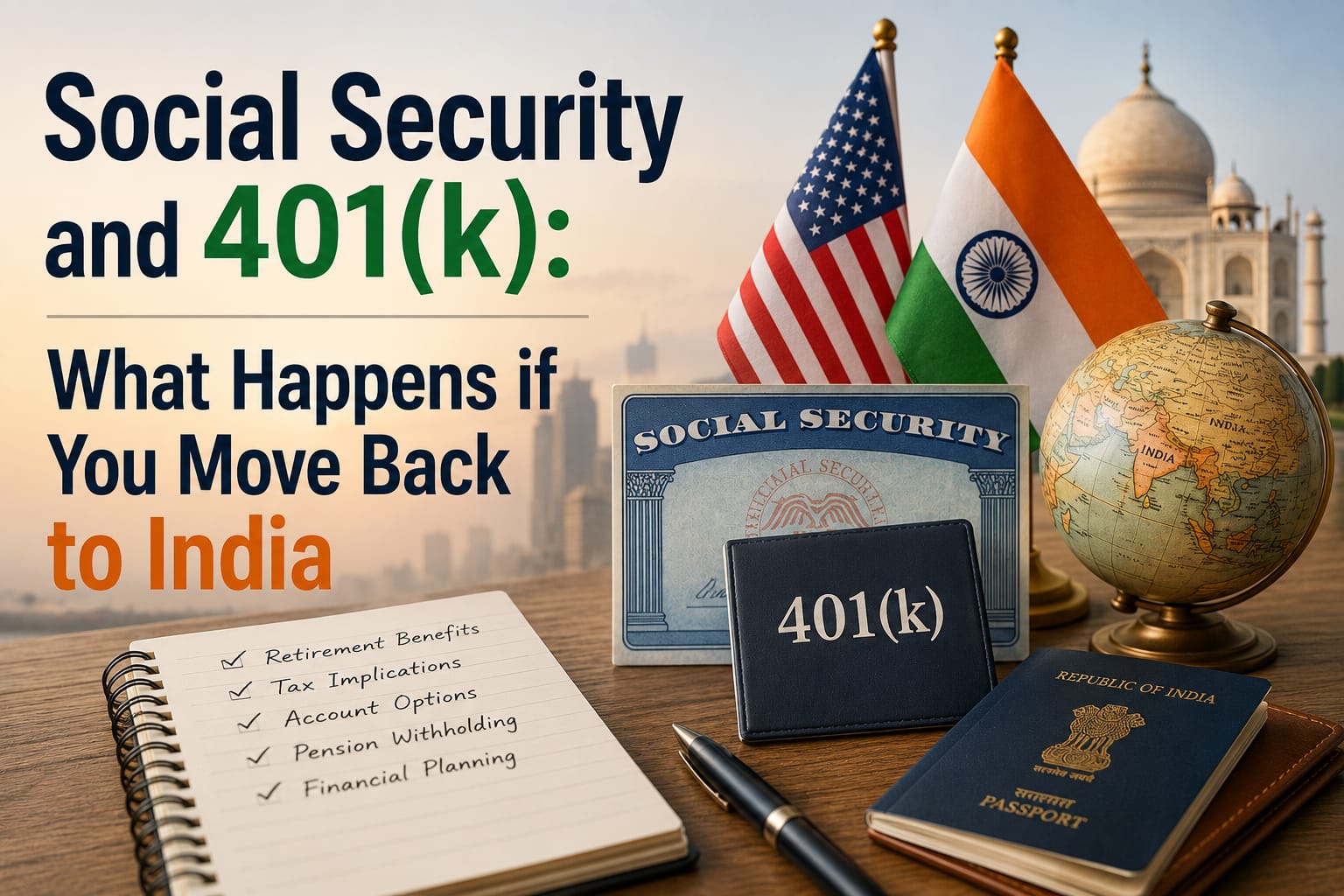 Social Security and 401(k) for NRIs: moving back to India, flags, passport, globe