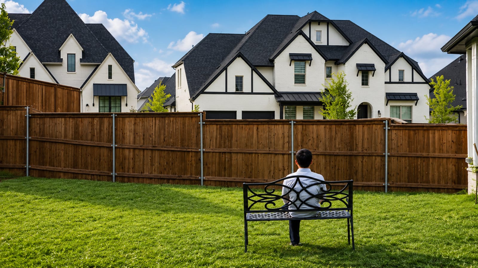 Boy in backyard facing large Texas homes, relevant to Indian visa and immigration for home buying.