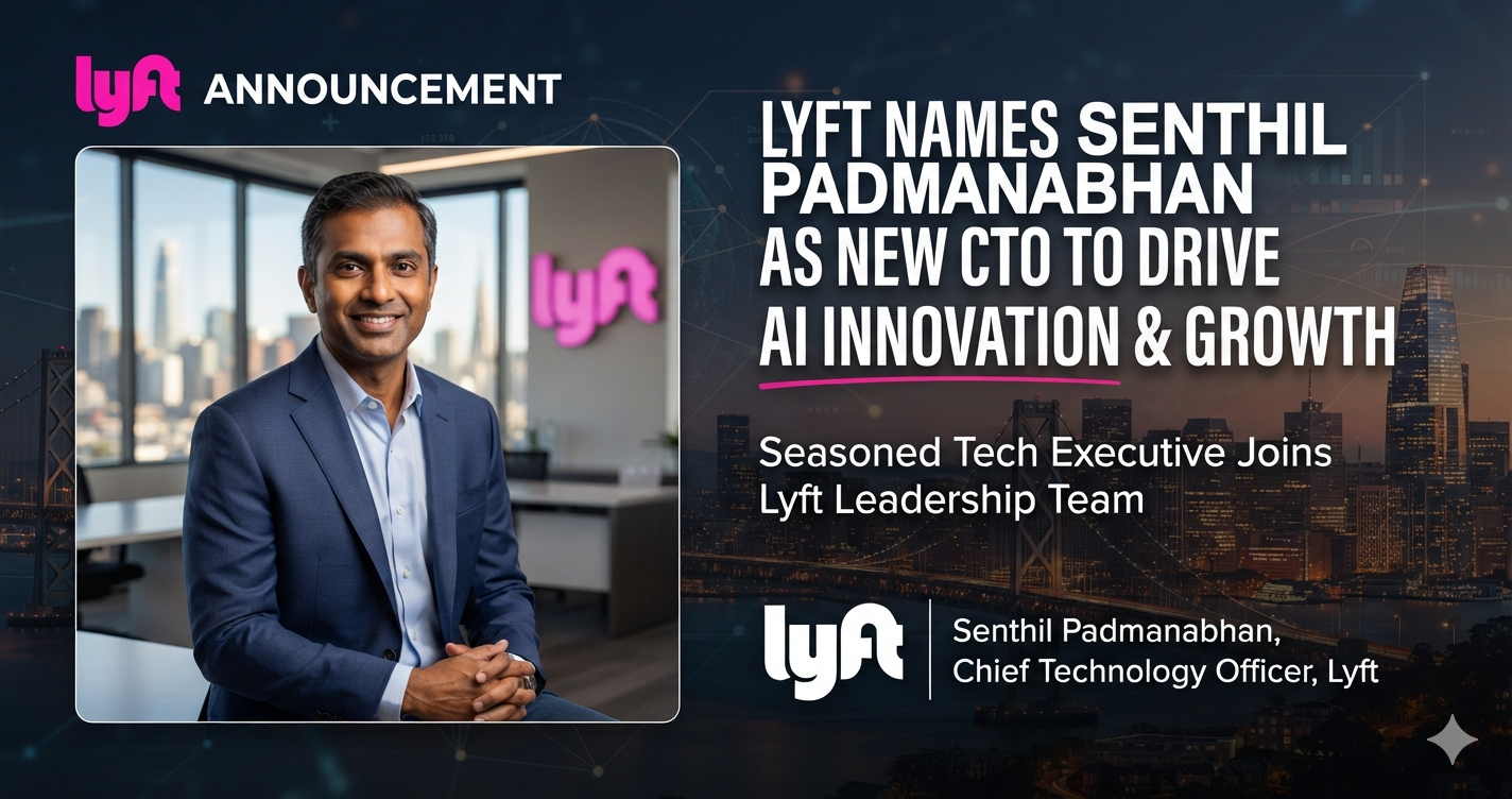Senthil Padmanabhan, Lyft CTO, in an office with Lyft logo. Tech growth.