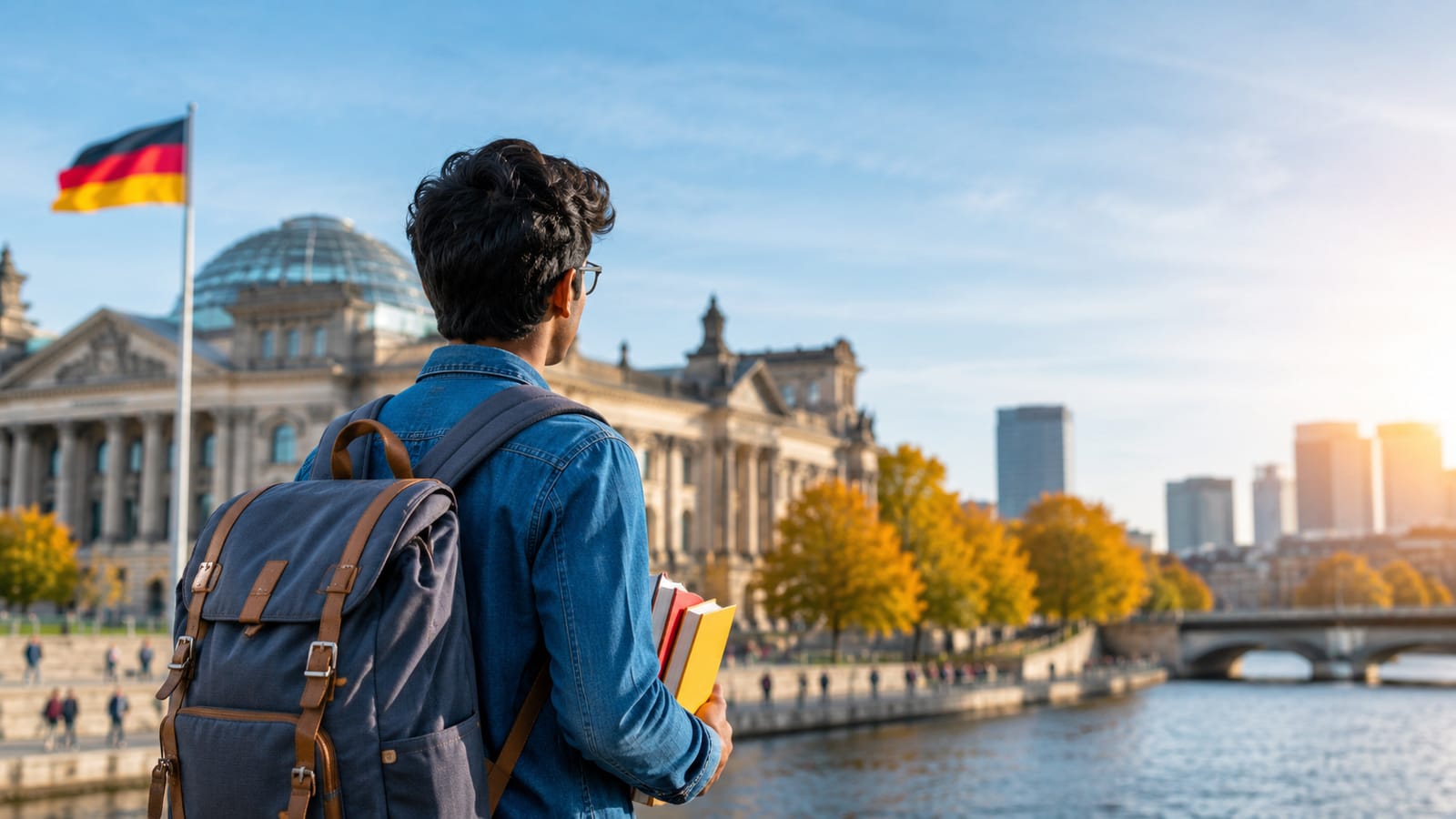 Indian student in Germany with Reichstag building and German flag.