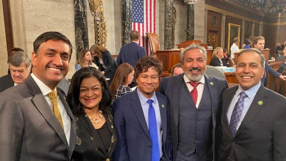 Indian American politicians pose in the U.S. Capitol, reflecting Indian American politics.