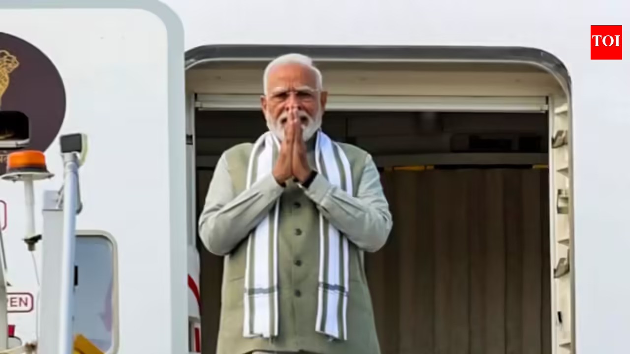 PM Modi greets with folded hands, launching his diaspora tour.