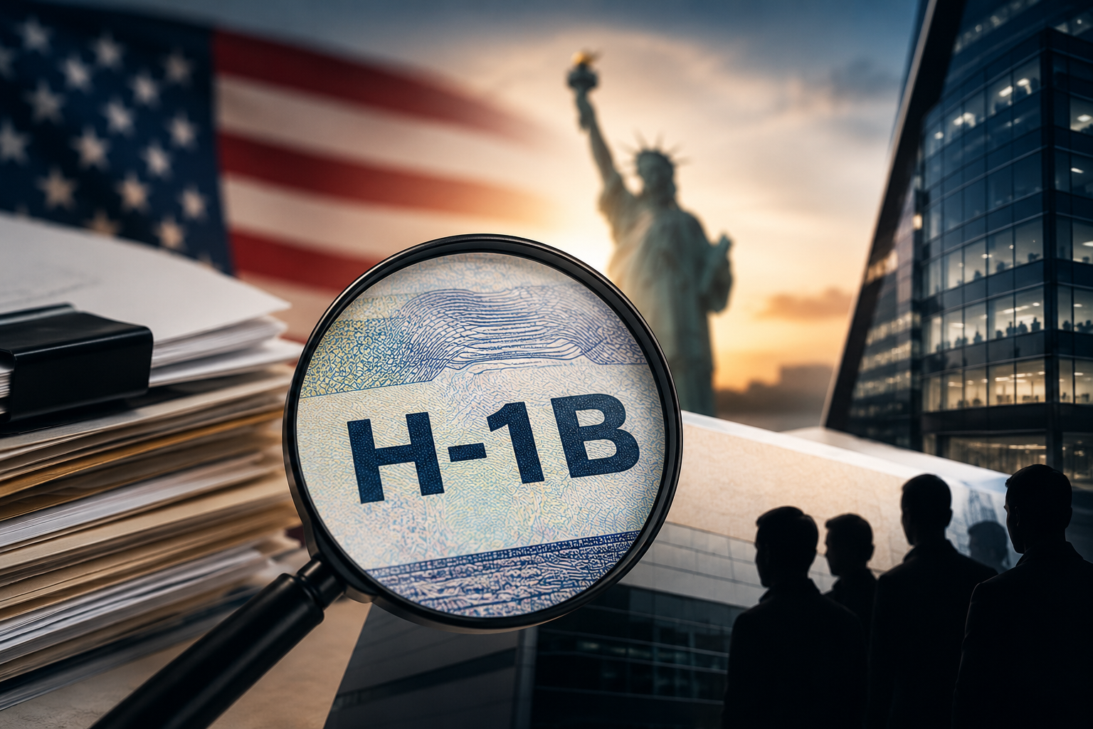 Magnifying glass on H-1B visa stamp, with Statue of Liberty and US flag