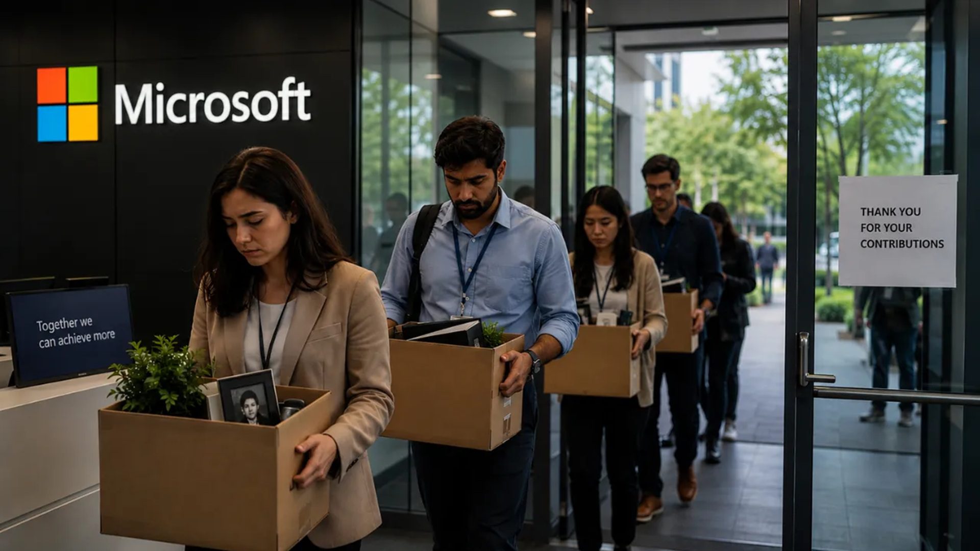 Microsoft employees carry boxes as they leave the office after layoffs.