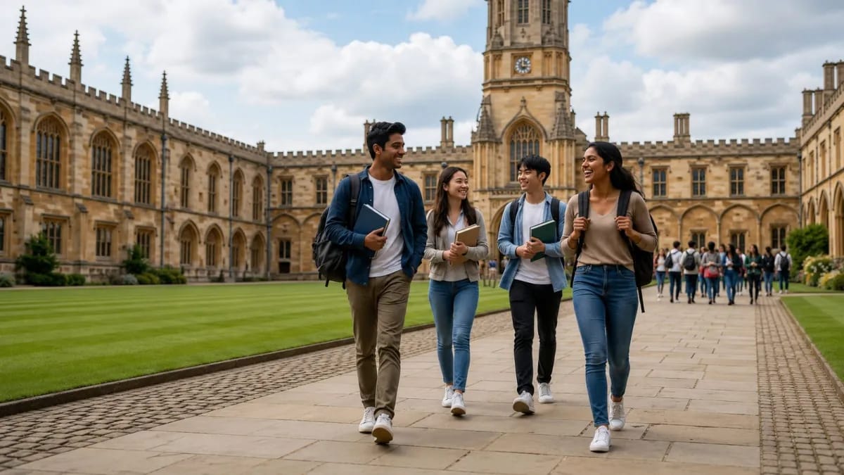 Indian students walk through a UK university courtyard, reflecting record applications.