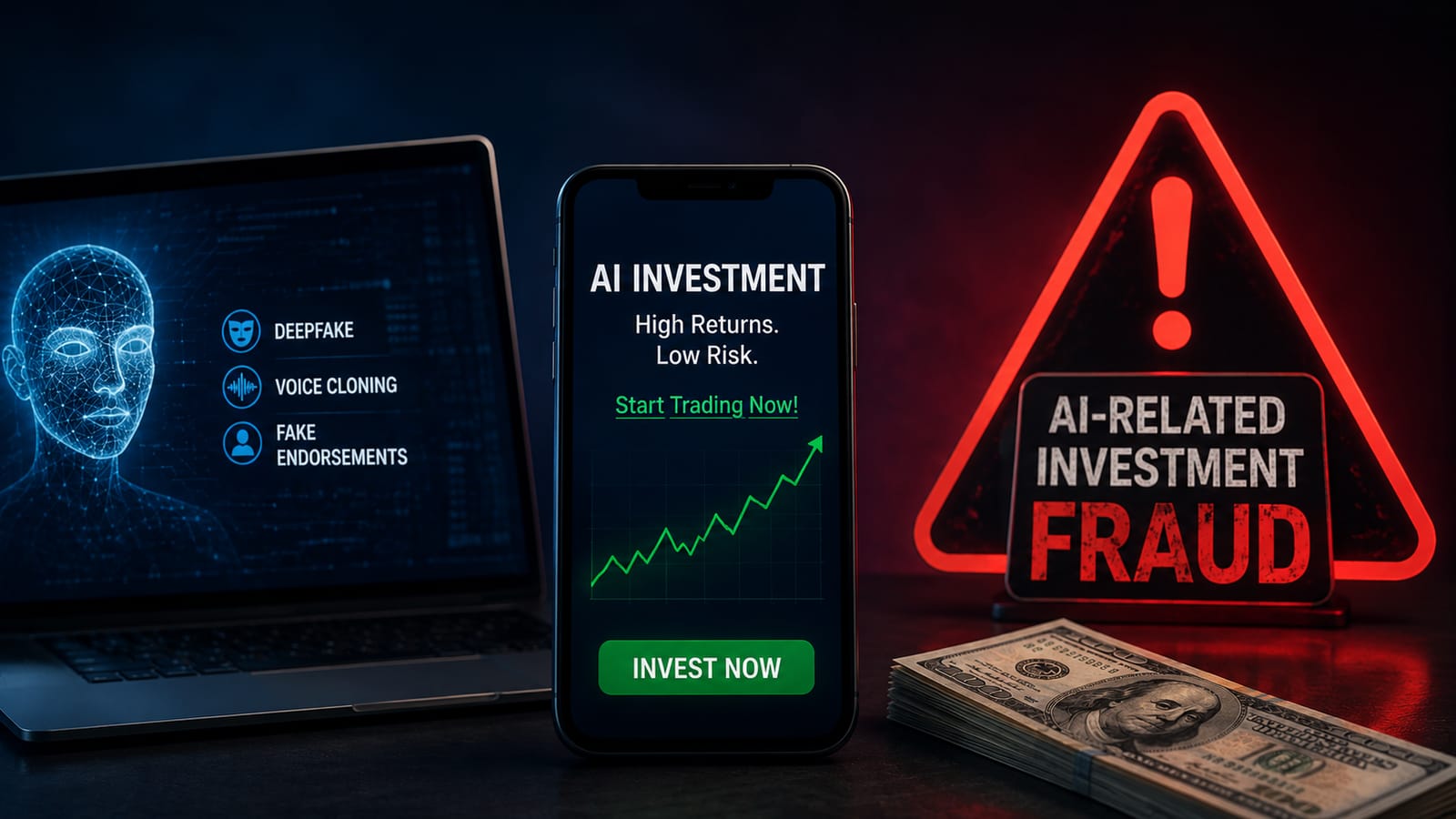 AI investment fraud warning with deepfake, voice cloning, fake endorsements and money